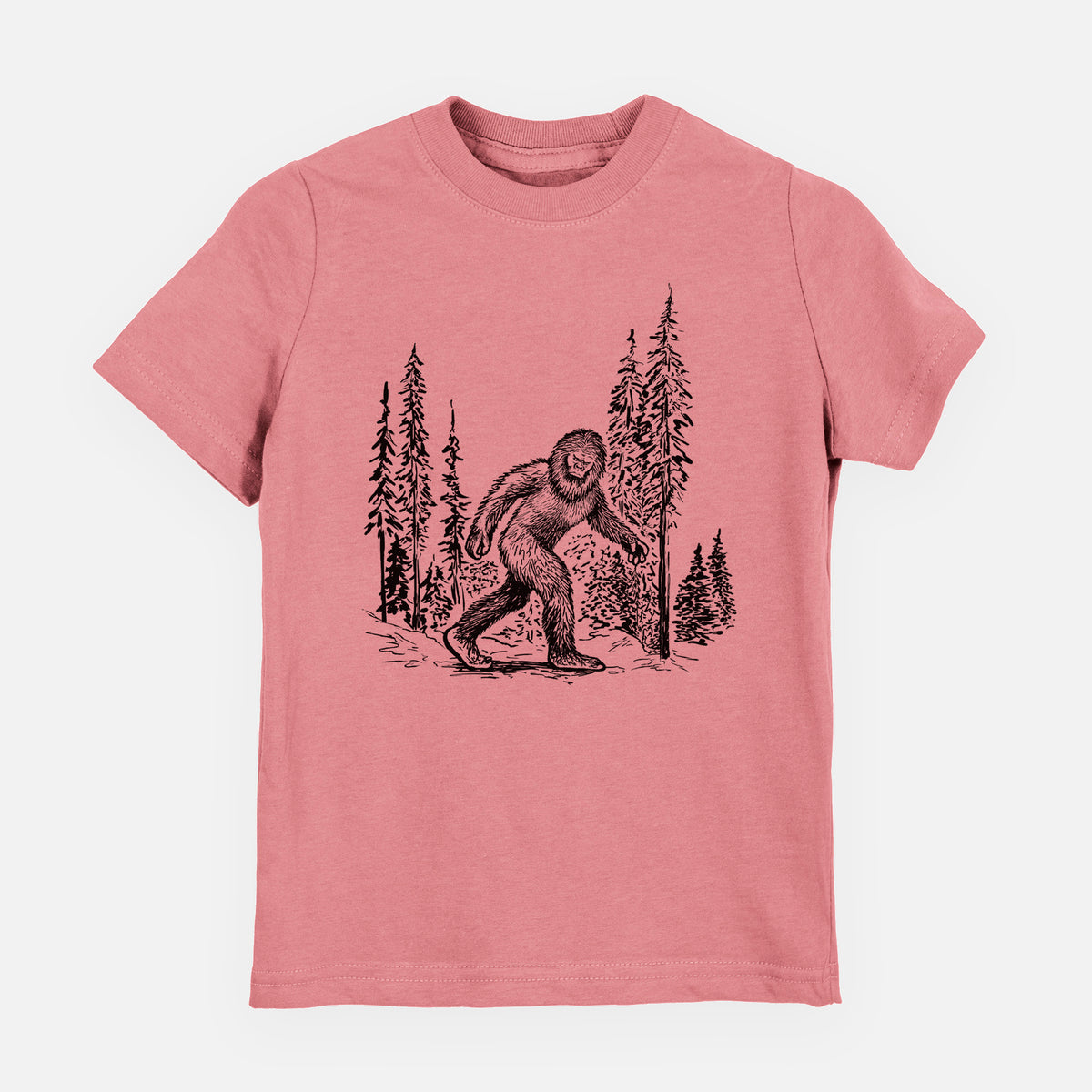 Mauve pink youth t-shirt laid flat, printed with a black ink illustration of Bigfoot walking through a pine forest.
