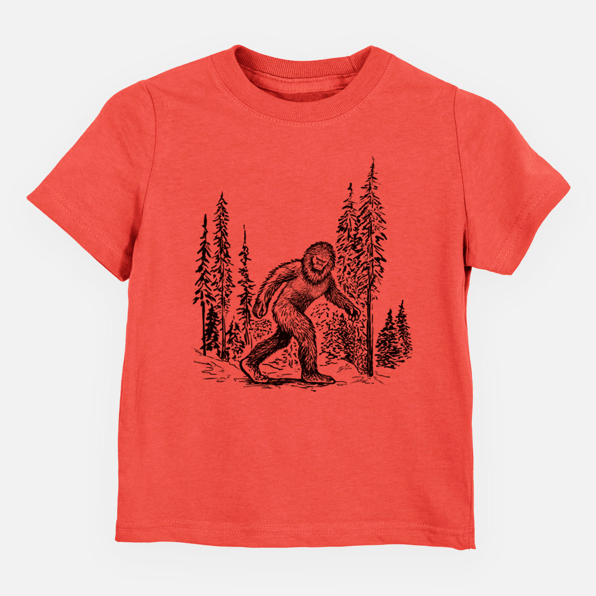 Passionfruit pink toddler t-shirt laid flat, printed with a black ink illustration of Bigfoot walking through a pine forest.