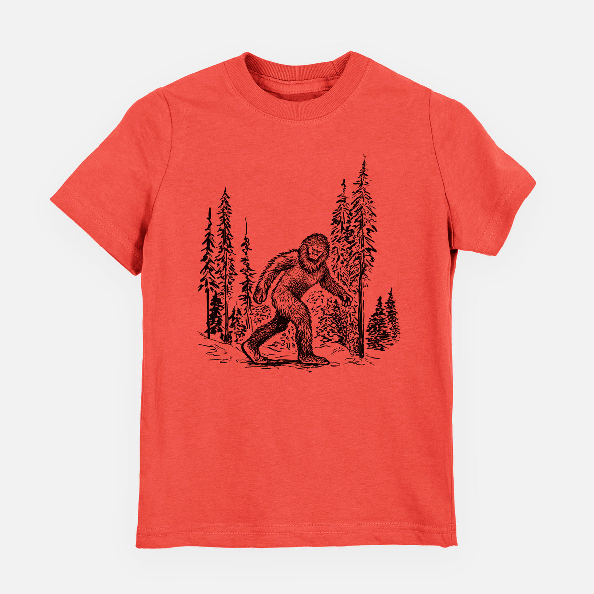 Passionfruit pink youth t-shirt laid flat, printed with a black ink illustration of Bigfoot walking through a pine forest.