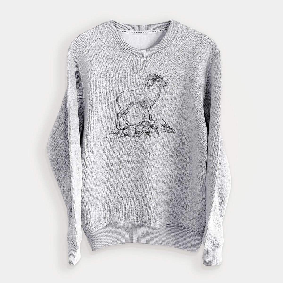 Salt and pepper knit sweatshirt laid flat, printed with a black ink illustration of a bighorn ram with curled horns standing on rocks.