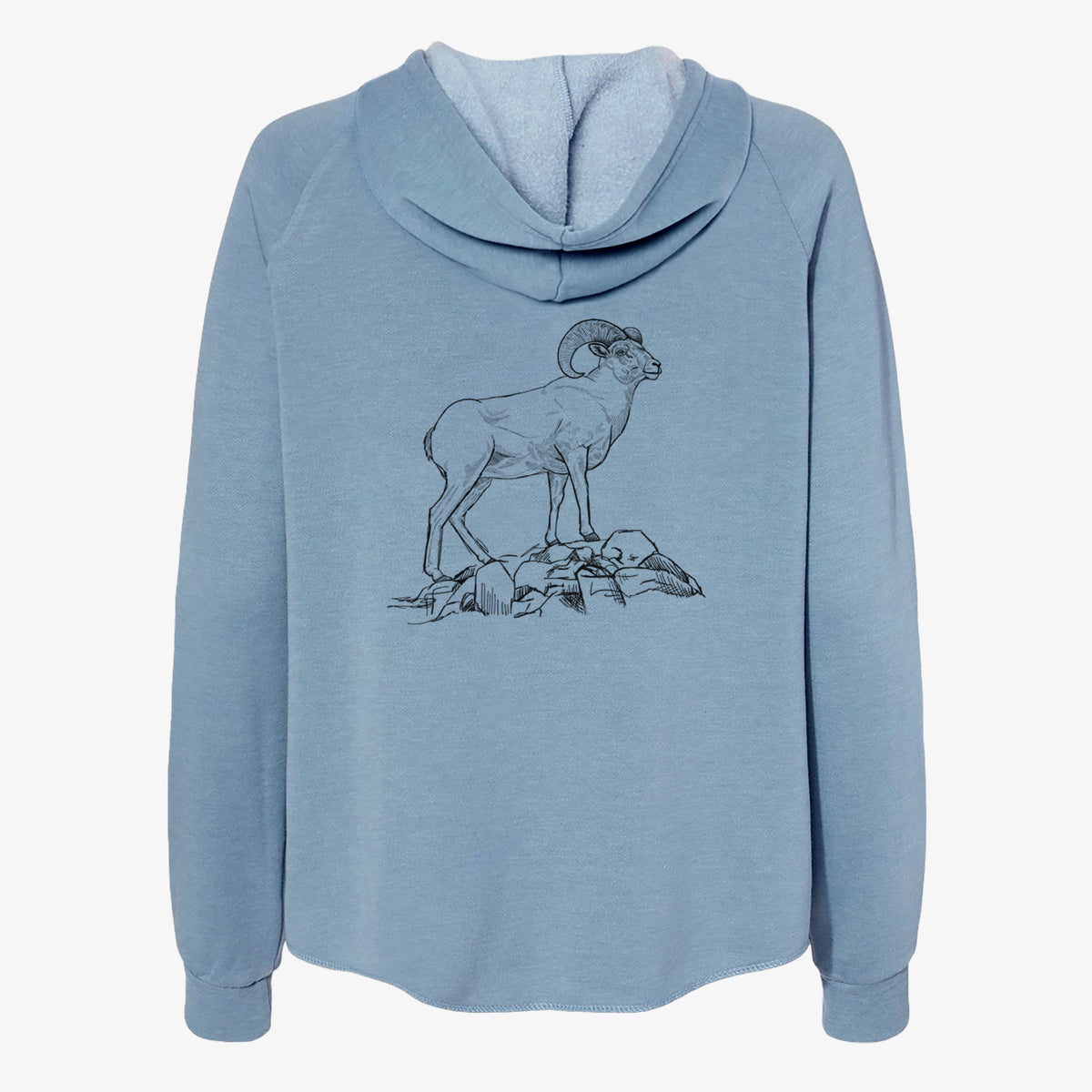 Misty blue women's Cali Wave zip-up sweatshirt laid flat, printed with a black ink illustration of a bighorn ram with curled horns standing on rocks.