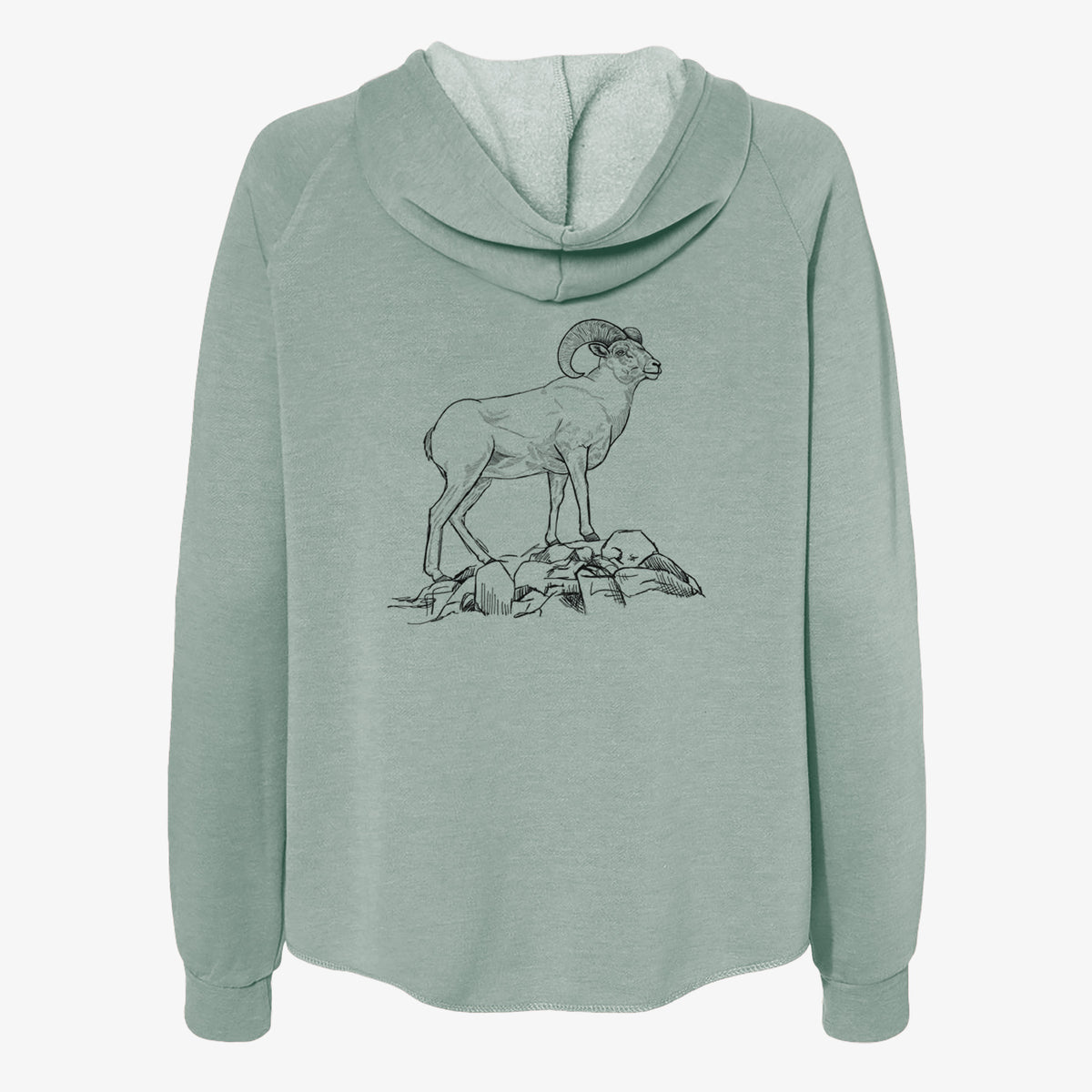 Sage green women's Cali Wave zip-up sweatshirt laid flat, printed with a black ink illustration of a bighorn ram with curled horns standing on rocks.
