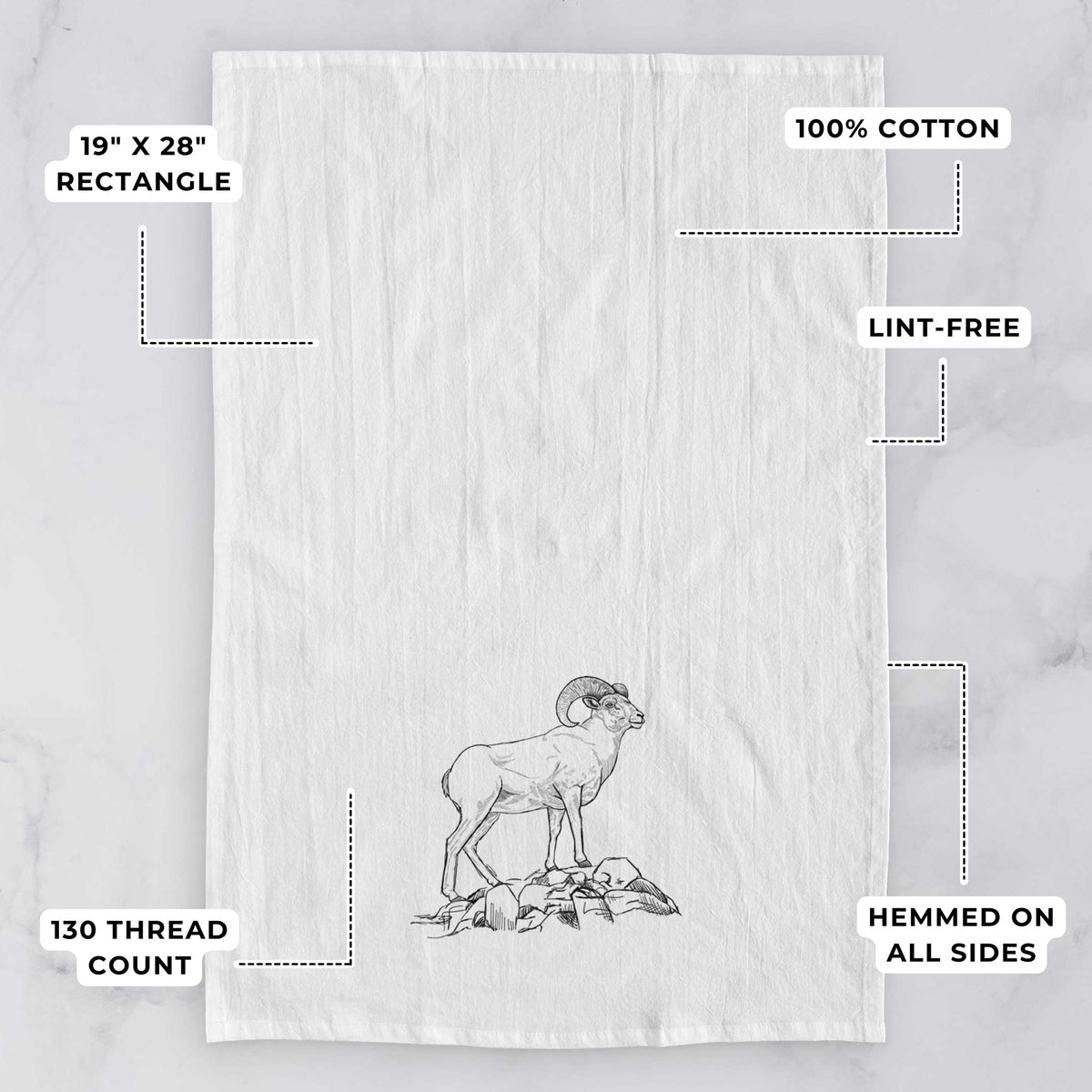 White tea towel printed with a black ink illustration of a bighorn ram with curled horns standing on rocks, with feature labels: 19 by 28 inch rectangle, 100% cotton, lint-free, 130 thread count, hemmed on all sides.