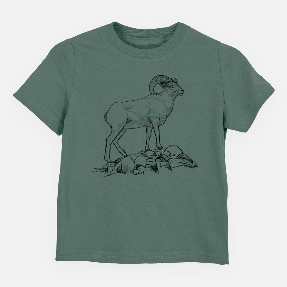 Basil green toddler t-shirt laid flat, printed with a black ink illustration of a bighorn ram with curled horns standing on rocks.