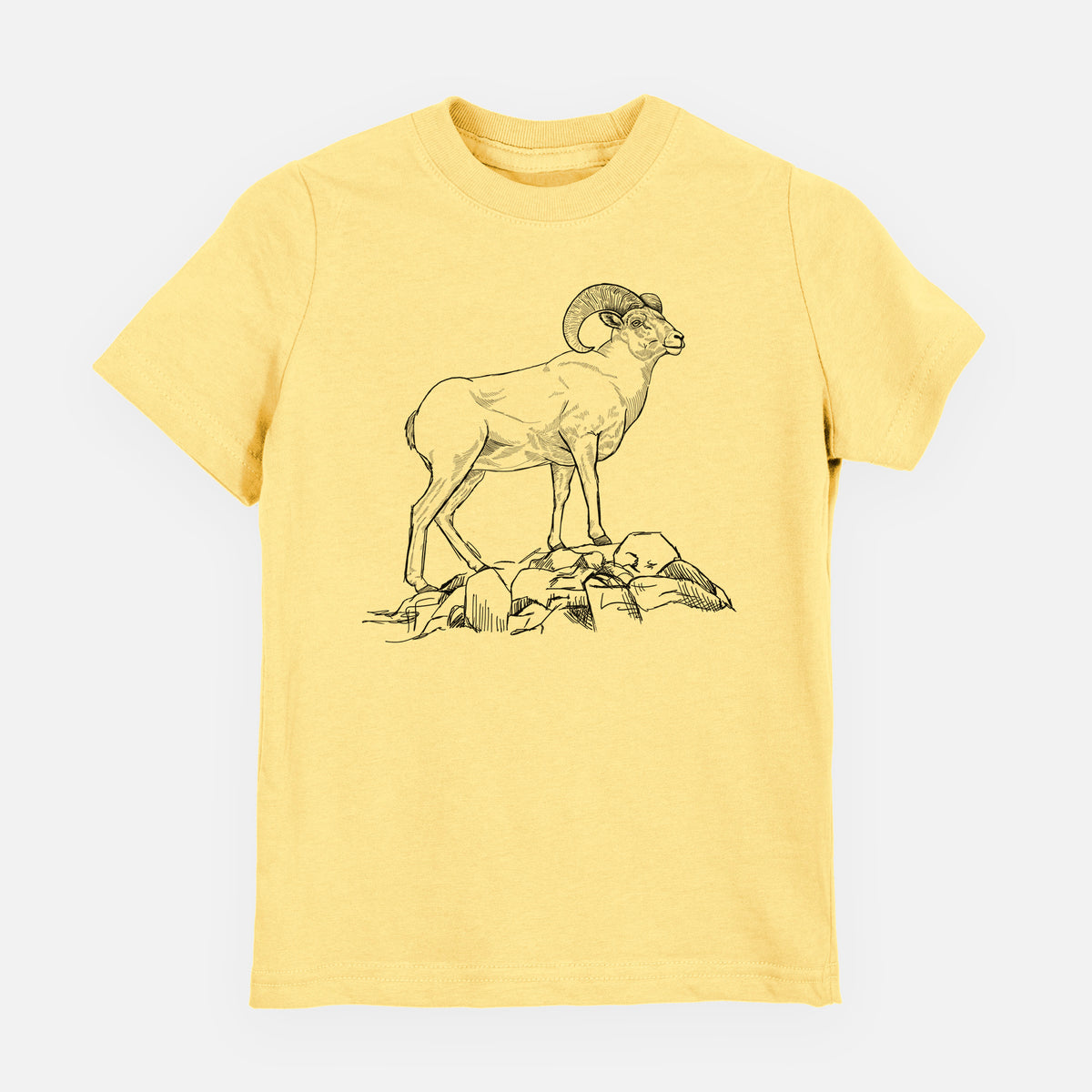 Butter yellow youth t-shirt laid flat, printed with a black ink illustration of a bighorn ram with curled horns standing on rocks.