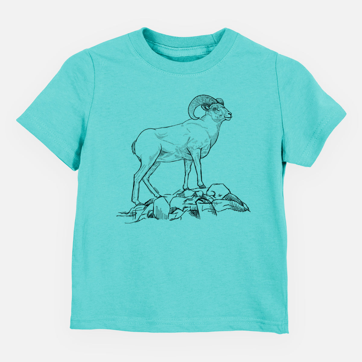 Caribbean blue toddler t-shirt laid flat, printed with a black ink illustration of a bighorn ram with curled horns standing on rocks.