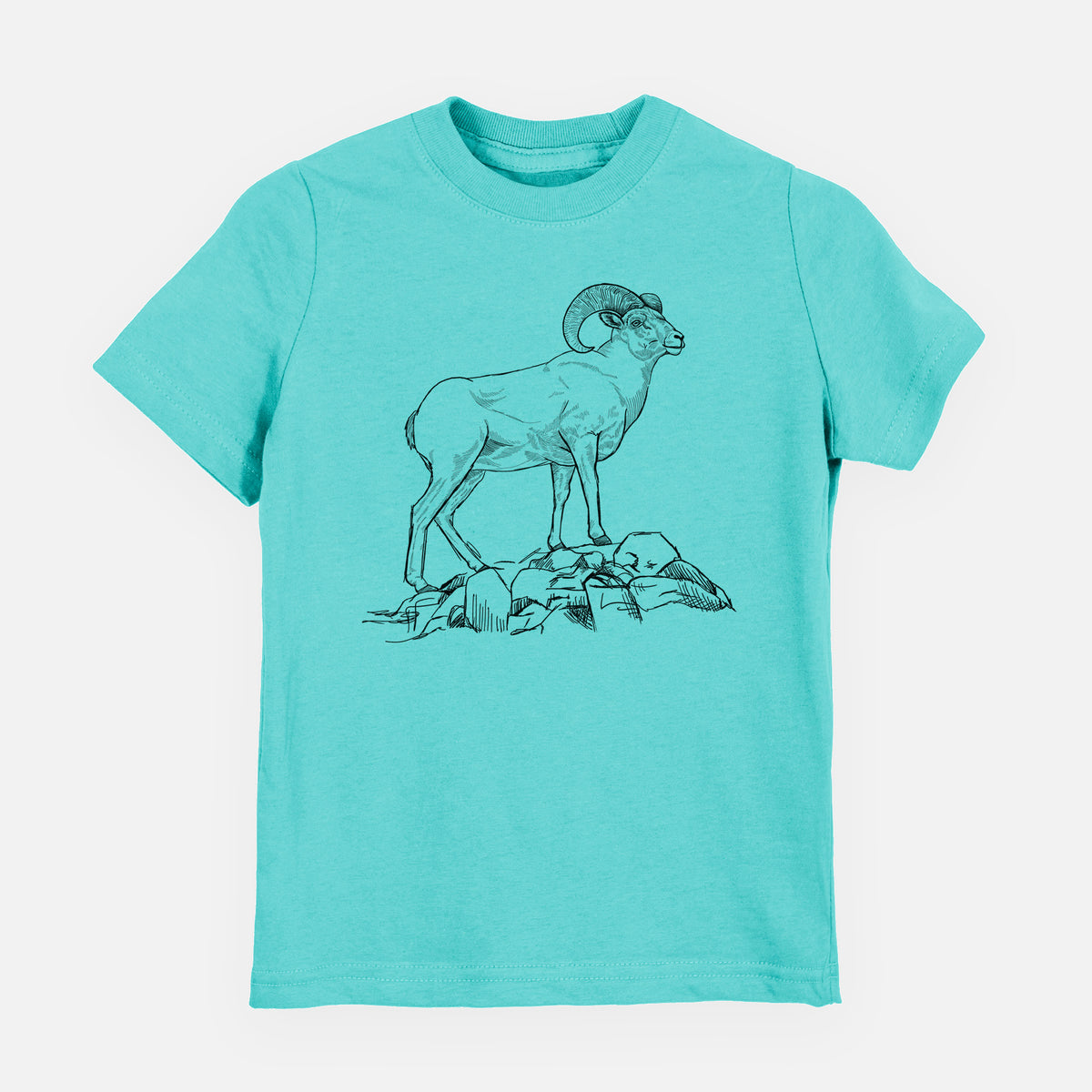 Caribbean blue youth t-shirt laid flat, printed with a black ink illustration of a bighorn ram with curled horns standing on rocks.