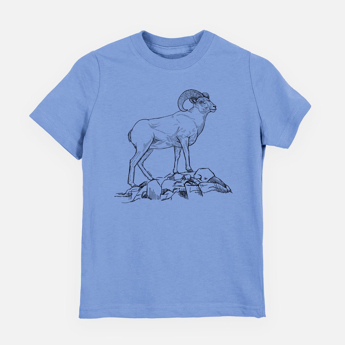 Carolina blue youth t-shirt laid flat, printed with a black ink illustration of a bighorn ram with curled horns standing on rocks.