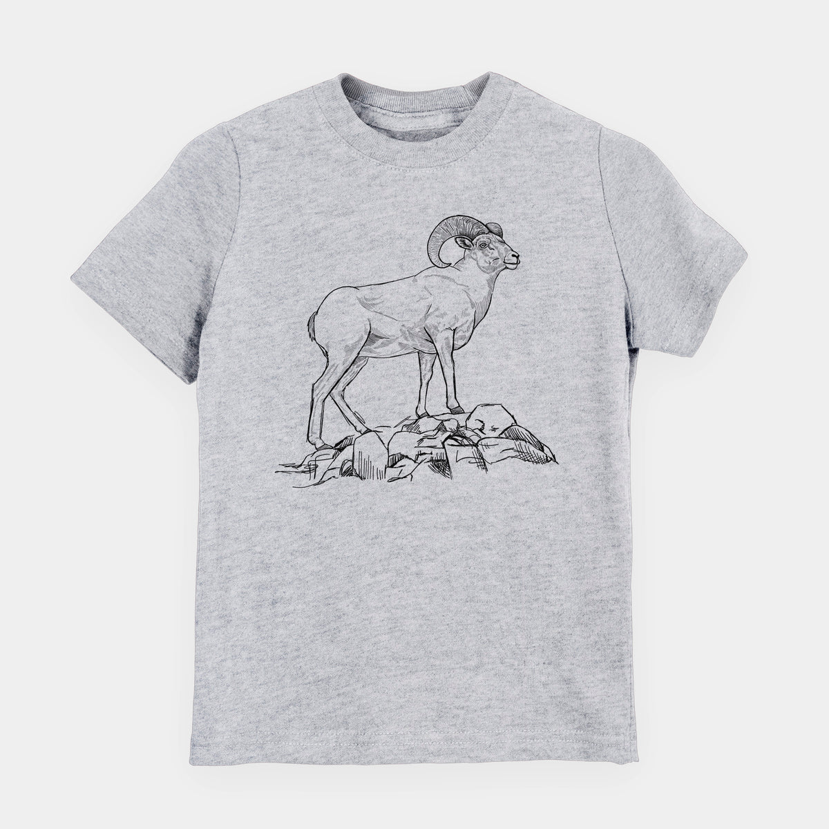 Heather grey youth t-shirt laid flat, printed with a black ink illustration of a bighorn ram with curled horns standing on rocks.