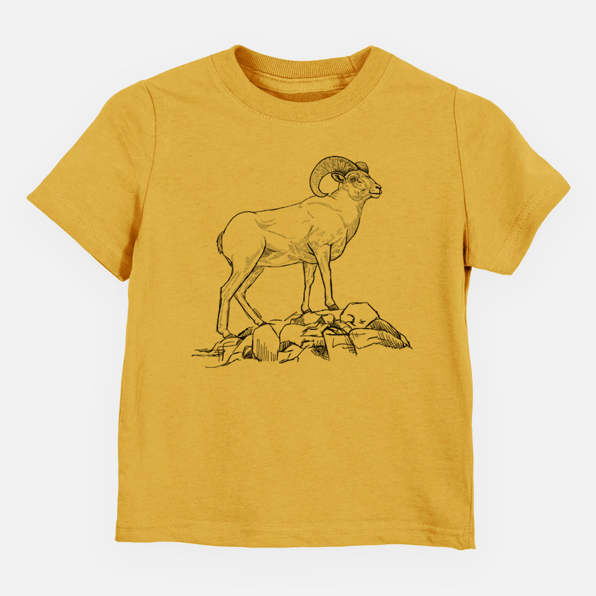 Honeycomb yellow toddler t-shirt laid flat, printed with a black ink illustration of a bighorn ram with curled horns standing on rocks.