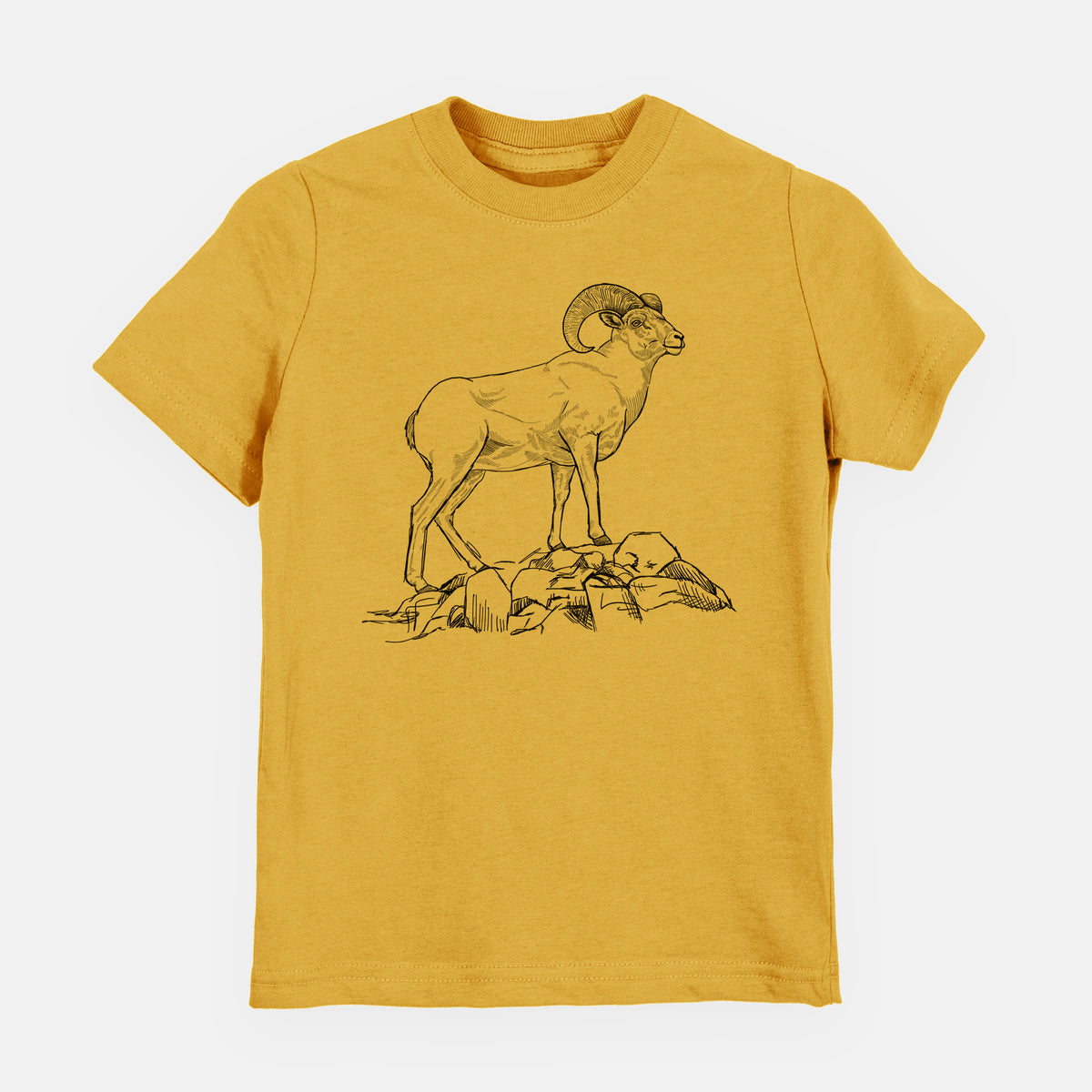 Honeycomb yellow youth t-shirt laid flat, printed with a black ink illustration of a bighorn ram with curled horns standing on rocks.