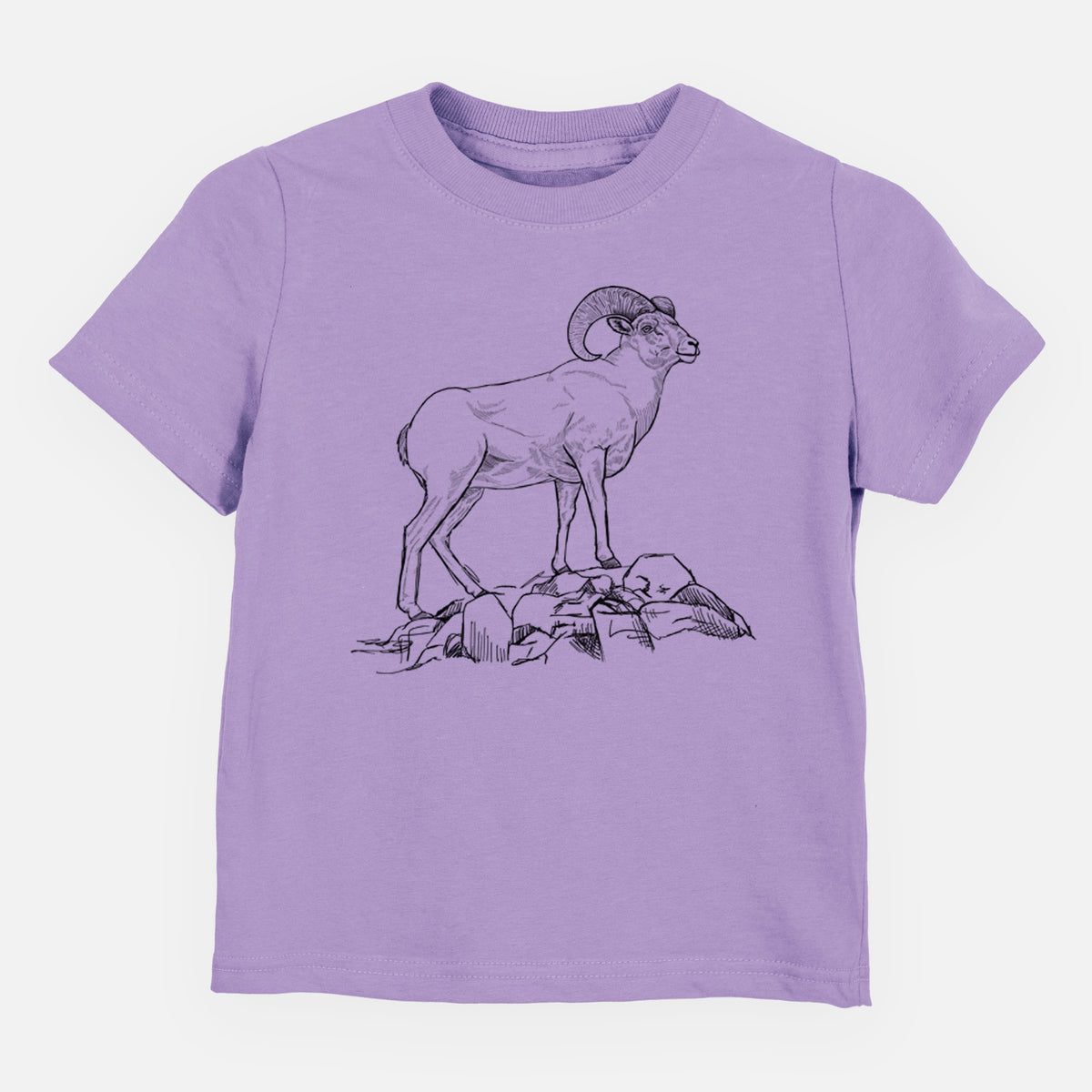 Lavender toddler t-shirt laid flat, printed with a black ink illustration of a bighorn ram with curled horns standing on rocks.