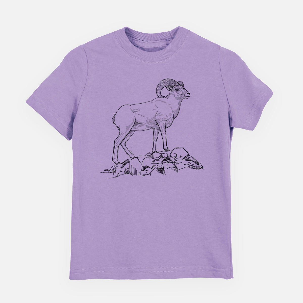 Lavender youth t-shirt laid flat, printed with a black ink illustration of a bighorn ram with curled horns standing on rocks.