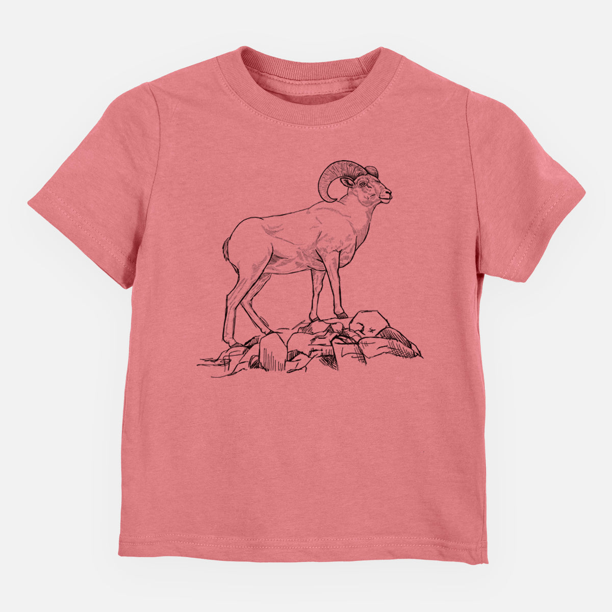 Mauve pink toddler t-shirt laid flat, printed with a black ink illustration of a bighorn ram with curled horns standing on rocks.