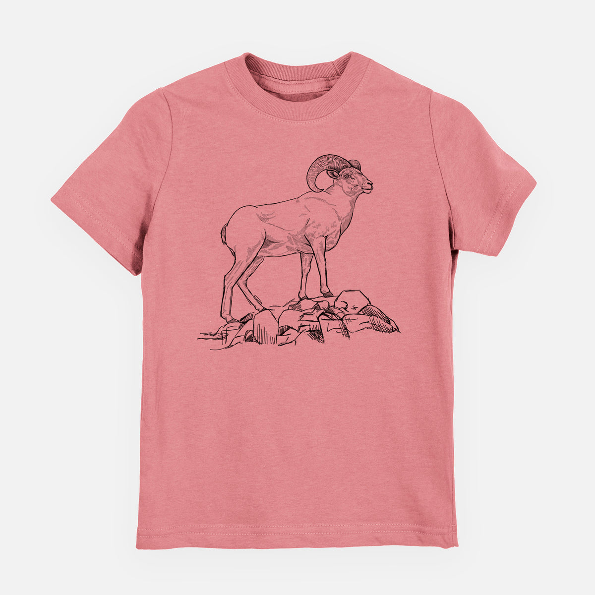 Mauve pink youth t-shirt laid flat, printed with a black ink illustration of a bighorn ram with curled horns standing on rocks.