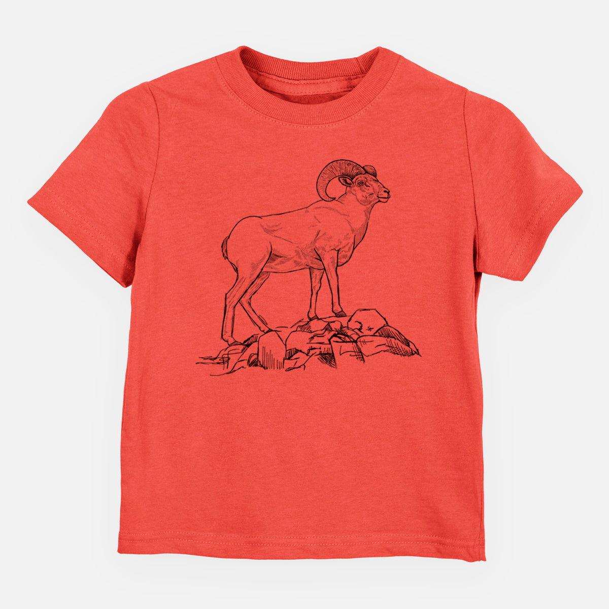 Passionfruit pink toddler t-shirt laid flat, printed with a black ink illustration of a bighorn ram with curled horns standing on rocks.