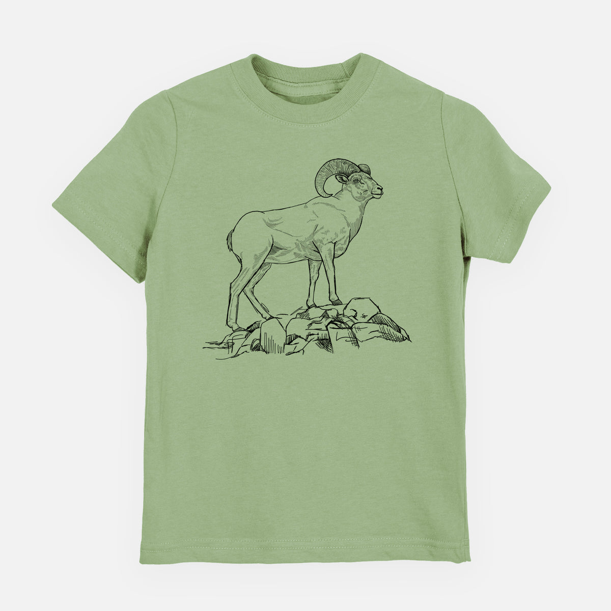 Sage green youth t-shirt laid flat, printed with a black ink illustration of a bighorn ram with curled horns standing on rocks.