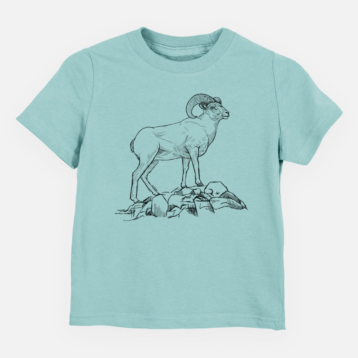 Saltwater toddler t-shirt laid flat, printed with a black ink illustration of a bighorn ram with curled horns standing on rocks.