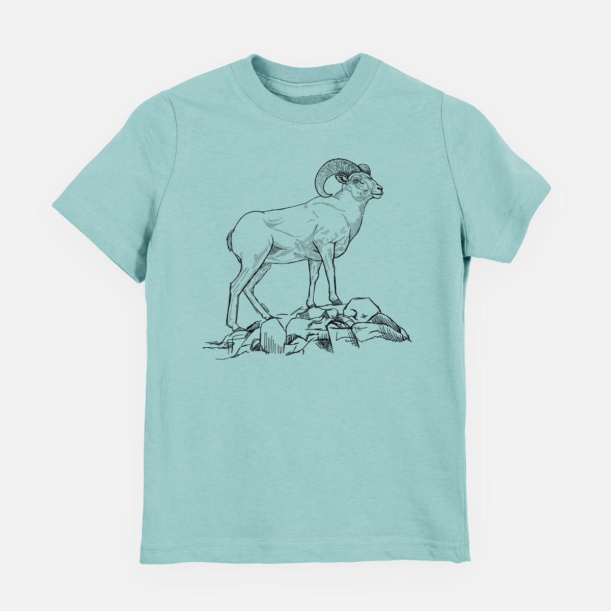 Saltwater youth t-shirt laid flat, printed with a black ink illustration of a bighorn ram with curled horns standing on rocks.