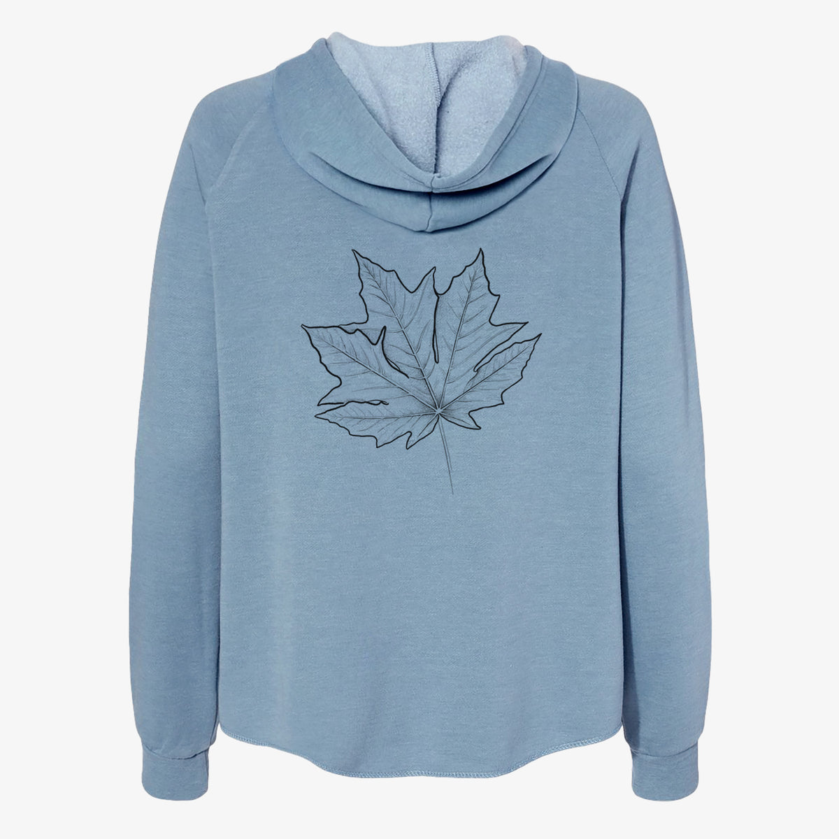 Misty blue women's Cali Wave zip-up sweatshirt laid flat, printed with a black ink line drawing of a bigleaf maple leaf.
