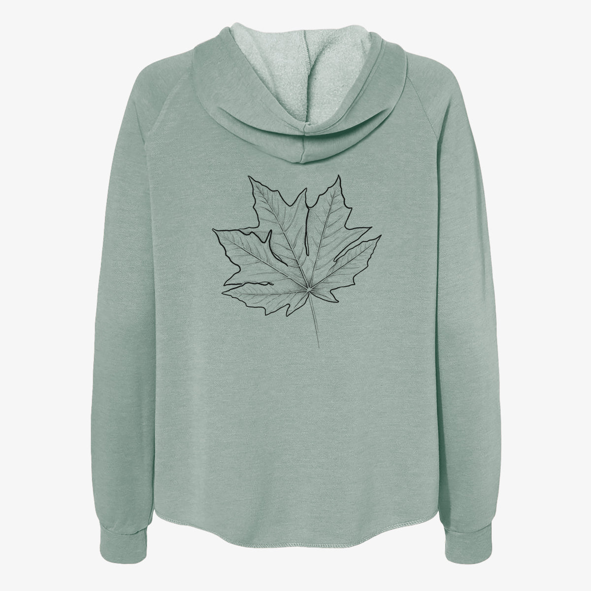 Sage green women's Cali Wave zip-up sweatshirt laid flat, printed with a black ink line drawing of a bigleaf maple leaf.