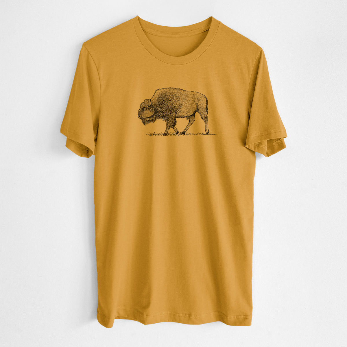 Honeycomb yellow lightweight cotton t-shirt laid flat, printed with a detailed black ink illustration of an American bison walking through grass.