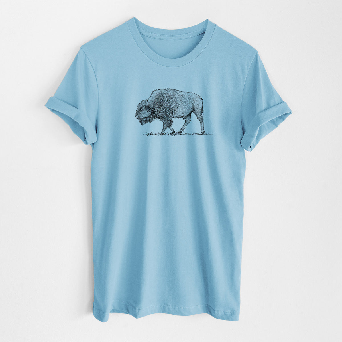 Ocean blue lightweight cotton t-shirt laid flat, printed with a detailed black ink illustration of an American bison walking through grass.