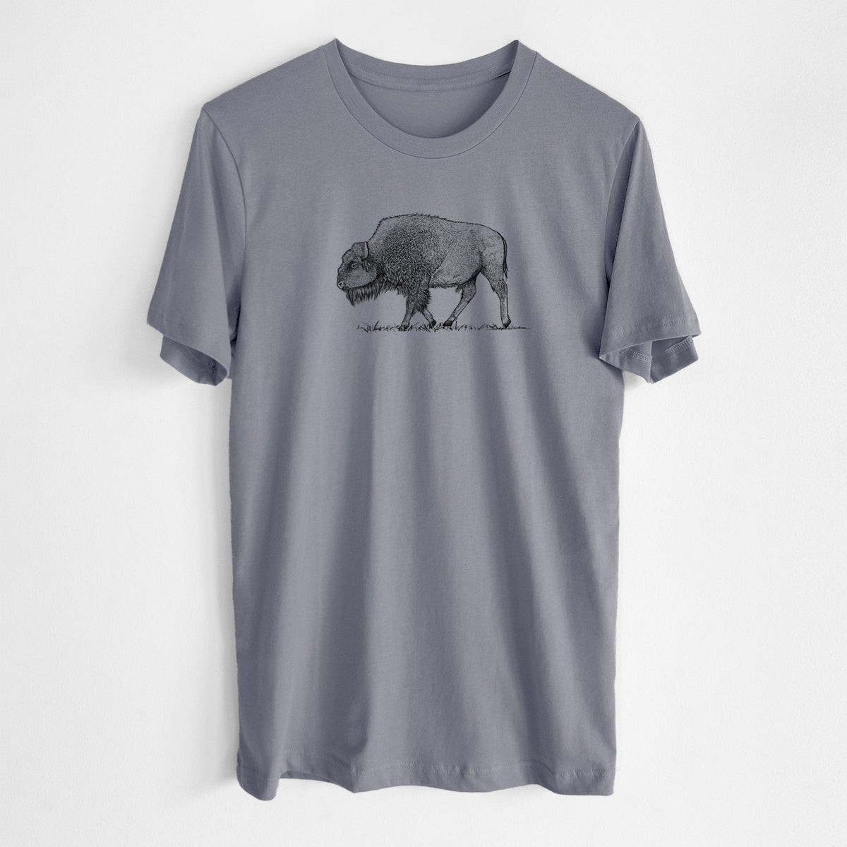 Storm grey lightweight cotton t-shirt laid flat, printed with a detailed black ink illustration of an American bison walking through grass.