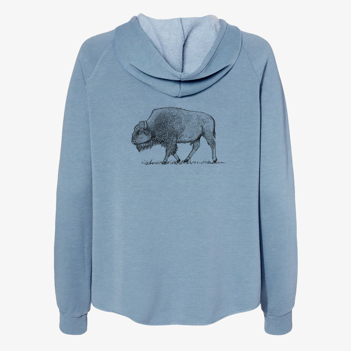 Misty blue women's Cali Wave zip-up sweatshirt laid flat, printed with a detailed black ink illustration of an American bison walking through grass.