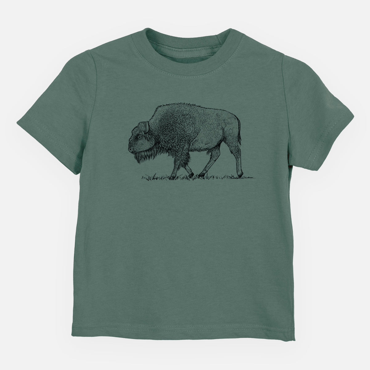 Basil green toddler t-shirt laid flat, printed with a detailed black ink illustration of an American bison walking through grass.