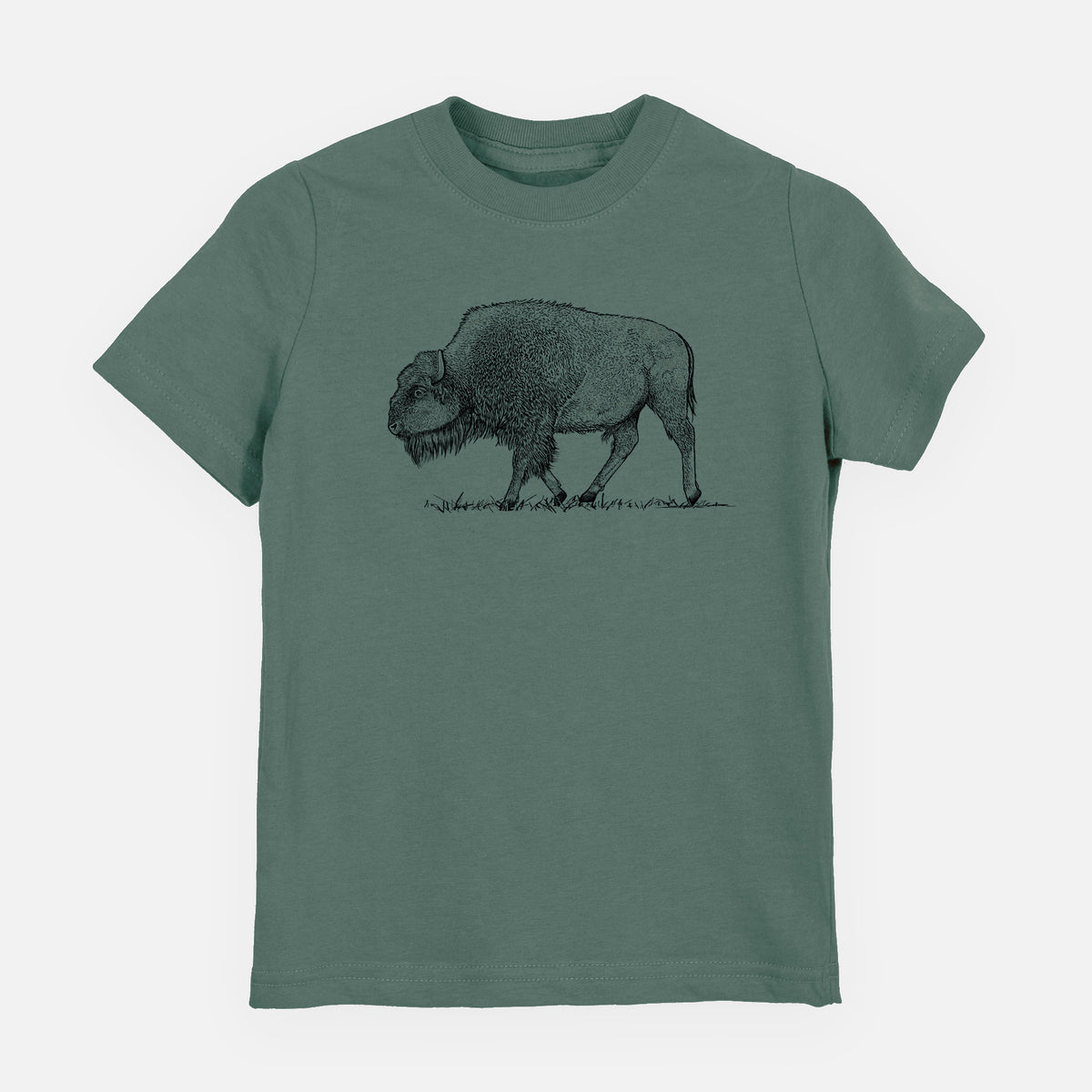 Basil green youth t-shirt laid flat, printed with a detailed black ink illustration of an American bison walking through grass.