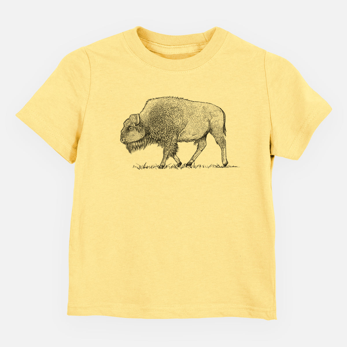 Butter yellow toddler t-shirt laid flat, printed with a detailed black ink illustration of an American bison walking through grass.