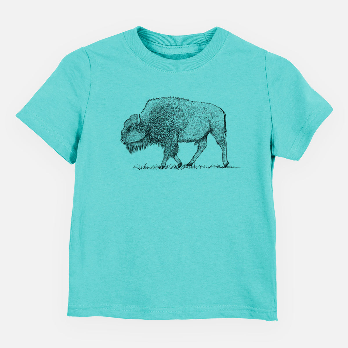 Caribbean blue toddler t-shirt laid flat, printed with a detailed black ink illustration of an American bison walking through grass.