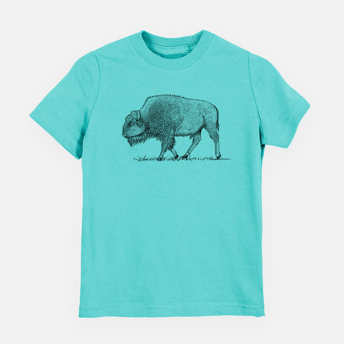 Caribbean blue youth t-shirt laid flat, printed with a detailed black ink illustration of an American bison walking through grass.