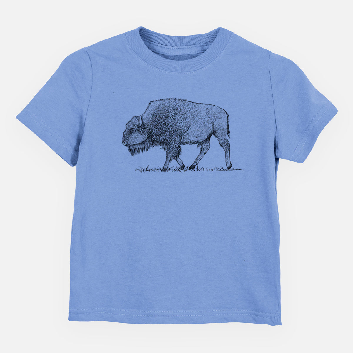 Carolina blue toddler t-shirt laid flat, printed with a detailed black ink illustration of an American bison walking through grass.