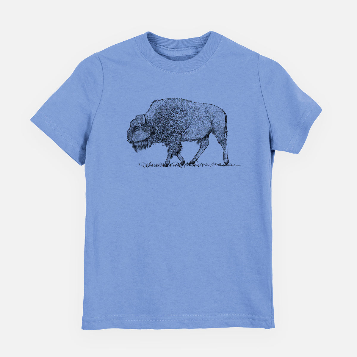 Carolina blue youth t-shirt laid flat, printed with a detailed black ink illustration of an American bison walking through grass.