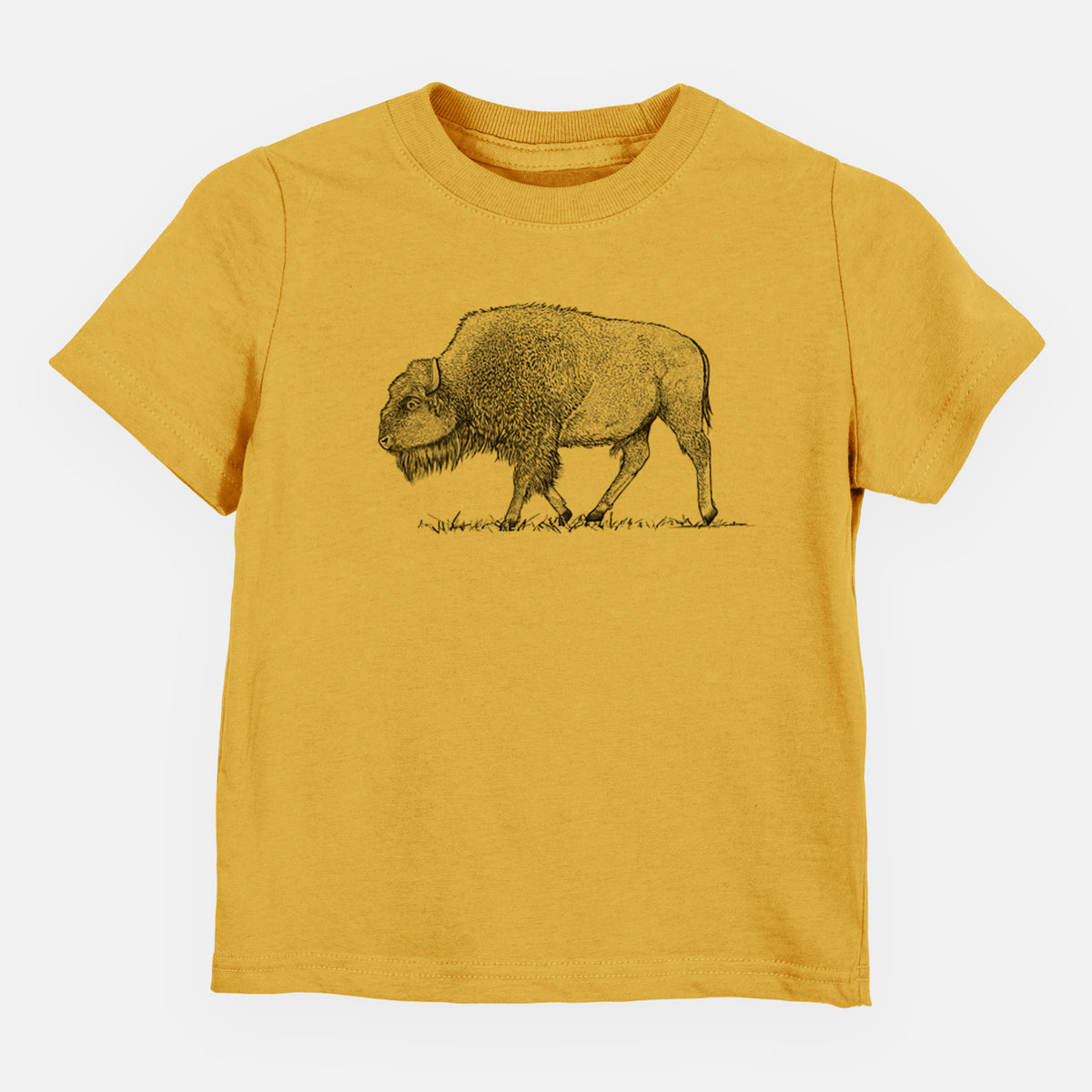 Honeycomb yellow toddler t-shirt laid flat, printed with a detailed black ink illustration of an American bison walking through grass.