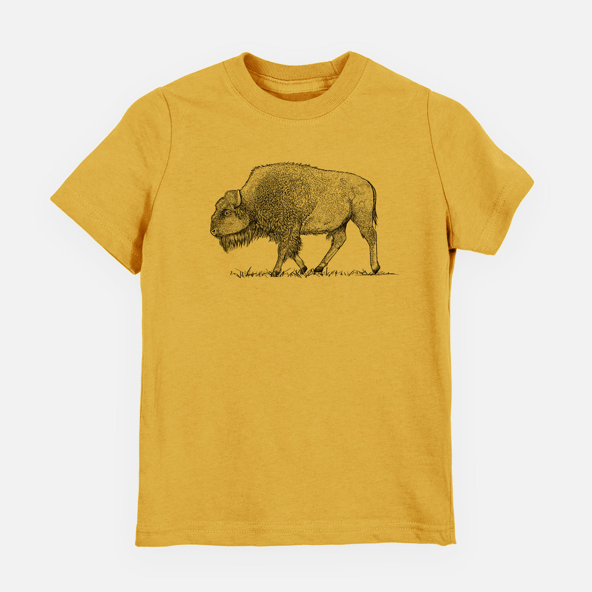 Honeycomb yellow youth t-shirt laid flat, printed with a detailed black ink illustration of an American bison walking through grass.