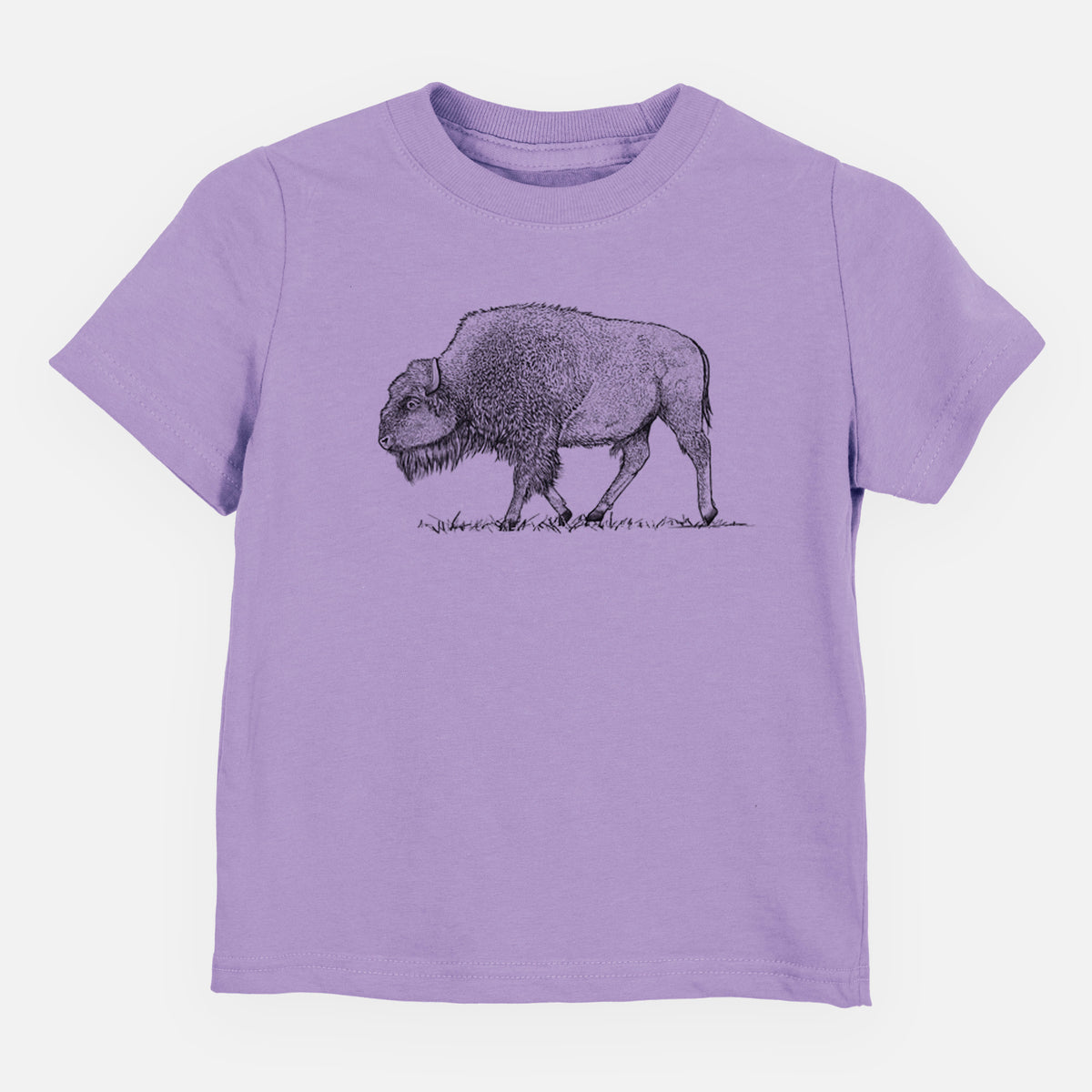 Lavender toddler t-shirt laid flat, printed with a detailed black ink illustration of an American bison walking through grass.