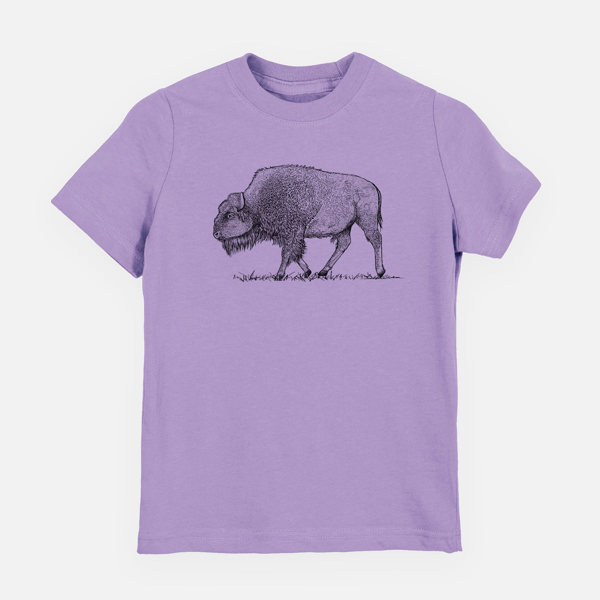 Lavender youth t-shirt laid flat, printed with a detailed black ink illustration of an American bison walking through grass.