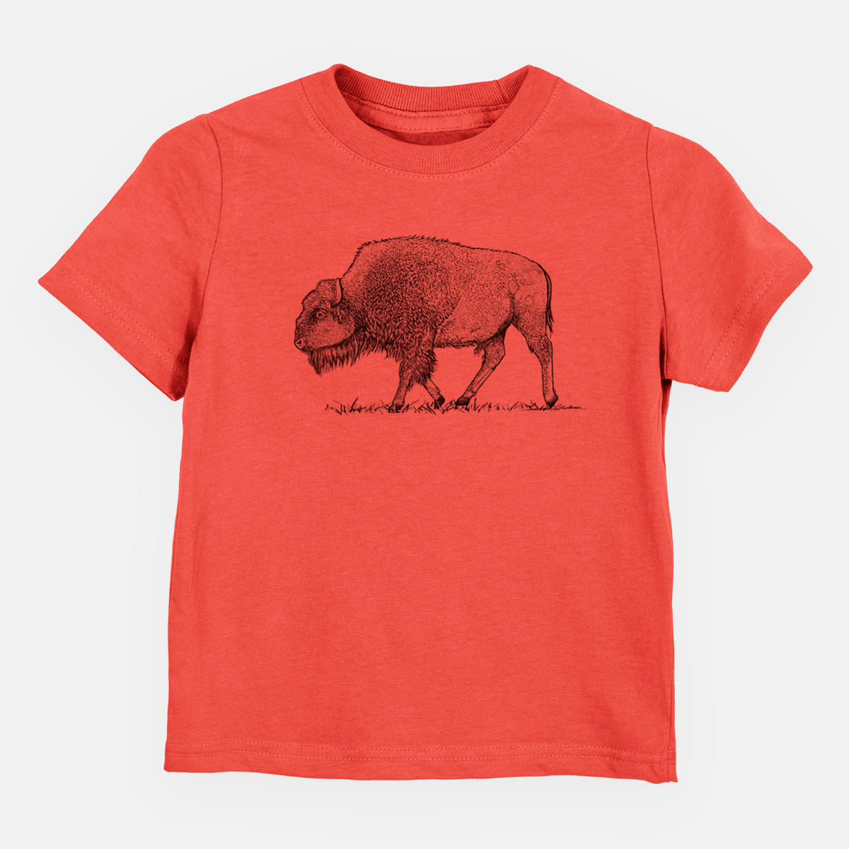 Passionfruit pink toddler t-shirt laid flat, printed with a detailed black ink illustration of an American bison walking through grass.