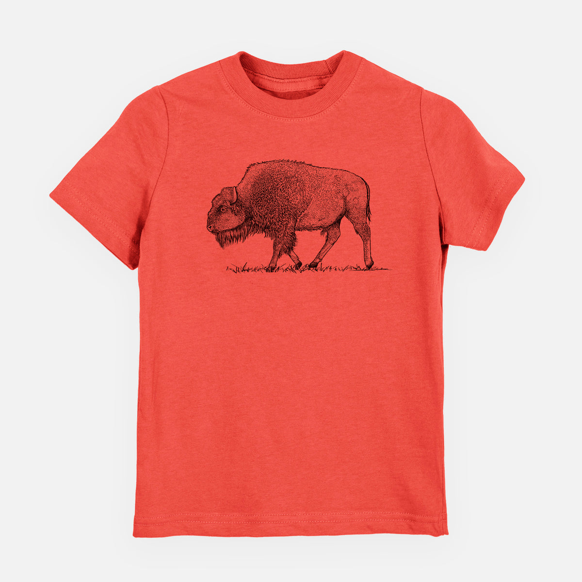 Passionfruit pink youth t-shirt laid flat, printed with a detailed black ink illustration of an American bison walking through grass.