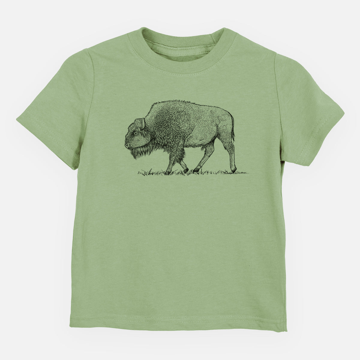 Sage green toddler t-shirt laid flat, printed with a detailed black ink illustration of an American bison walking through grass.