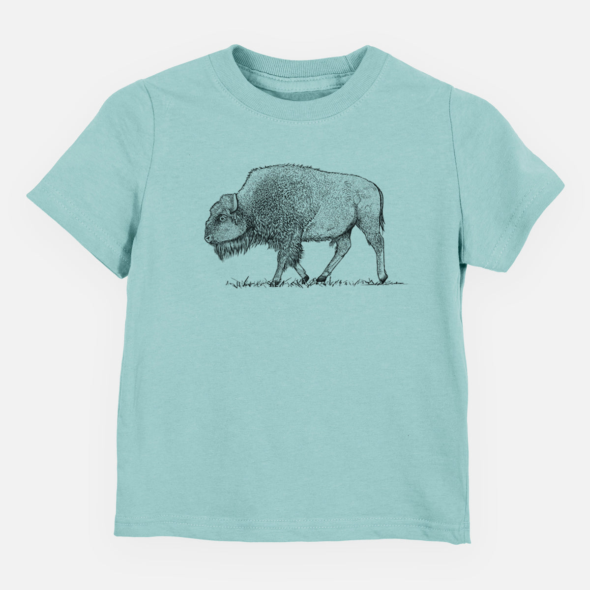 Saltwater toddler t-shirt laid flat, printed with a detailed black ink illustration of an American bison walking through grass.