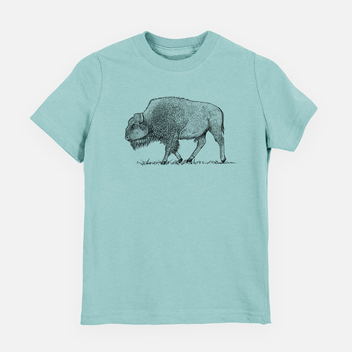 Saltwater youth t-shirt laid flat, printed with a detailed black ink illustration of an American bison walking through grass.