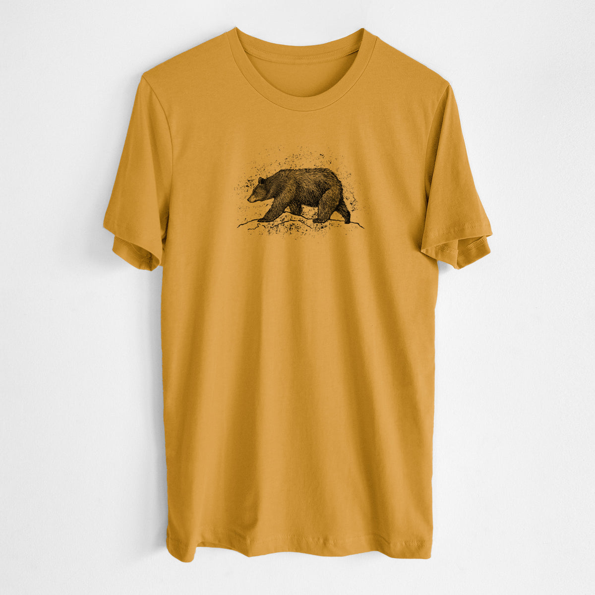 Honeycomb yellow lightweight cotton t-shirt laid flat, printed with a detailed black ink sketch of a black bear walking across rocky ground.