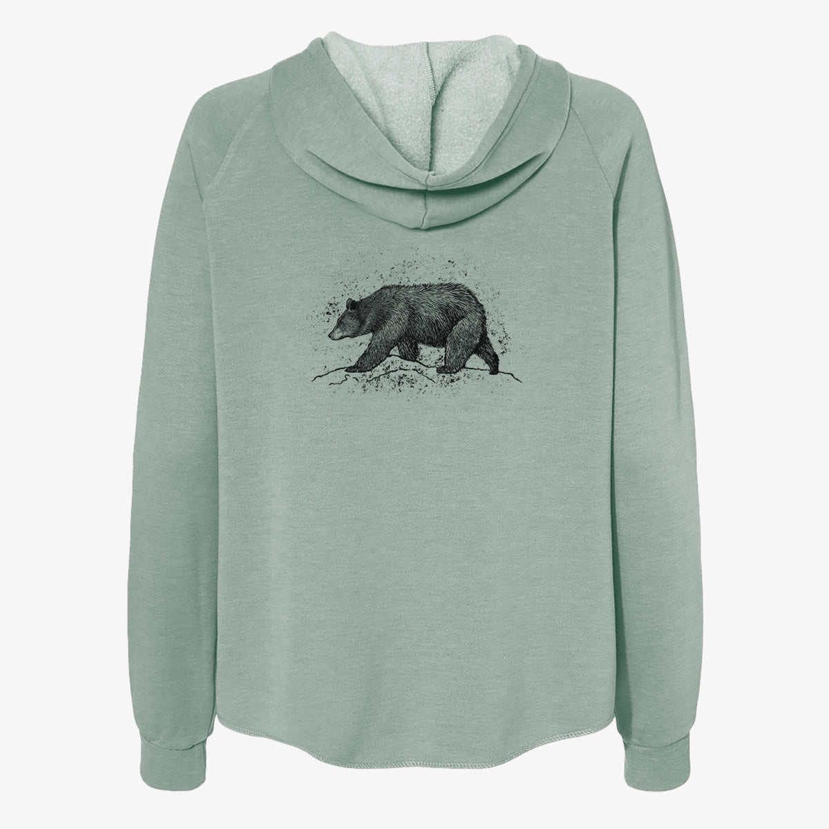 Sage green women's Cali Wave zip-up sweatshirt laid flat, printed with a detailed black ink sketch of a black bear walking across rocky ground.