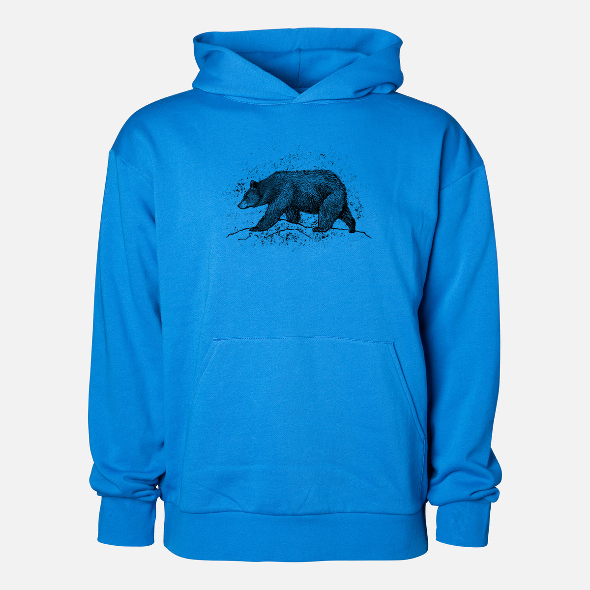 Black Bear - Statement Midweight Hoodie in Azure Blue, shown from the front with the design printed on the chest above a front kangaroo pocket.