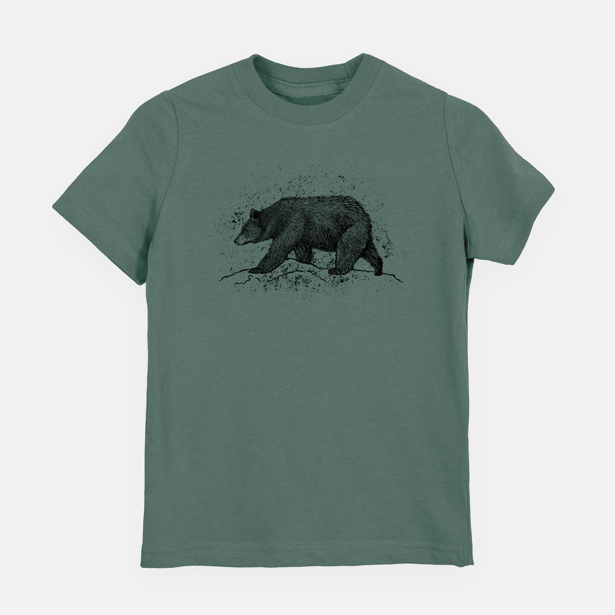 Basil green youth t-shirt laid flat, printed with a detailed black ink sketch of a black bear walking across rocky ground.