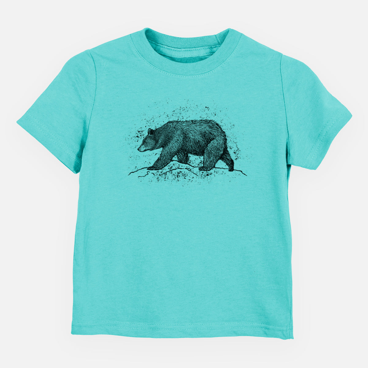 Caribbean blue toddler t-shirt laid flat, printed with a detailed black ink sketch of a black bear walking across rocky ground.